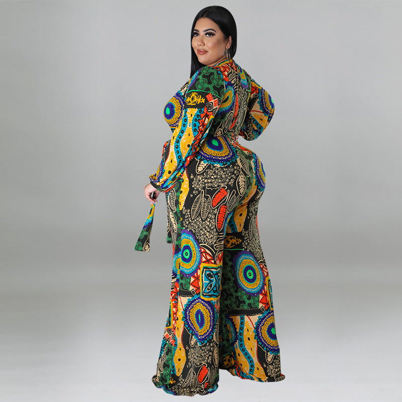 plus Size Women Clothes Autumn Printed Multi Color Long Sleeve Long Conjoined Trousers