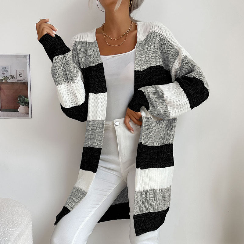 Graceful and Fashionable Women's Colorblock Sweater Coat without Buttons