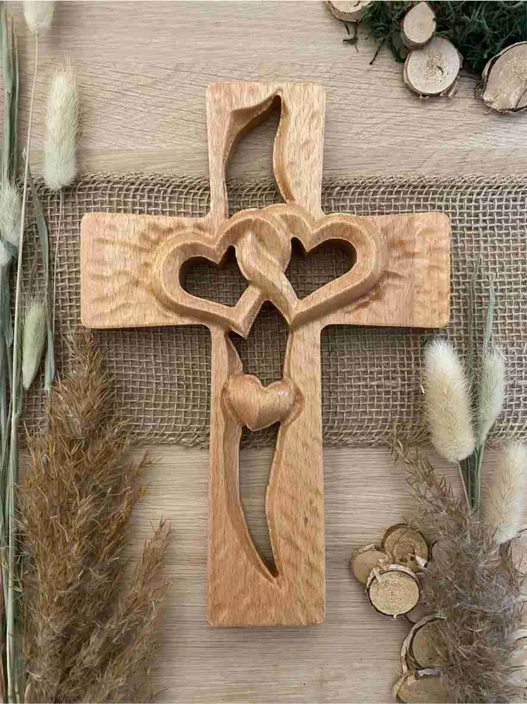 💞Carved wooden cross - intertwined hearts  - Carved from natural wood