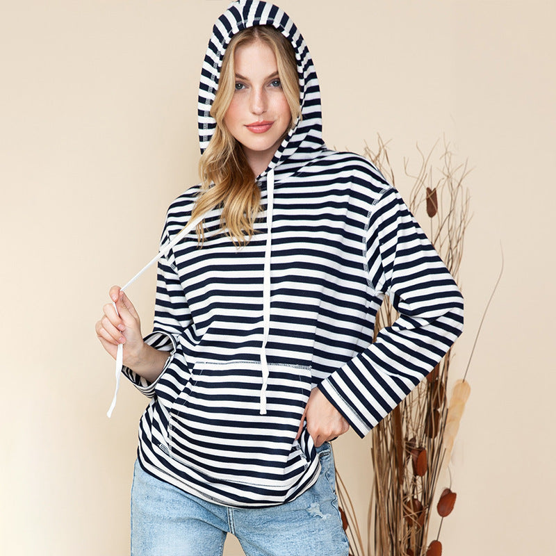 Shiying Striped Hooded Sweater, Women's Autumn Fashion, Loose-Fit Long Sleeve Top