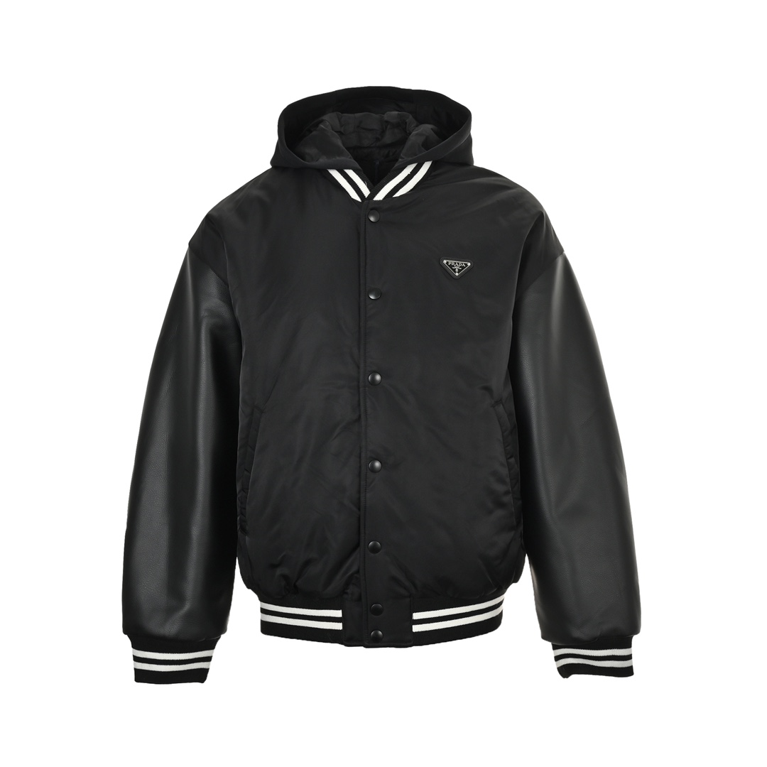 Prada 24Fw recycled nylon leather sleeve patchwork flight quilted jacket