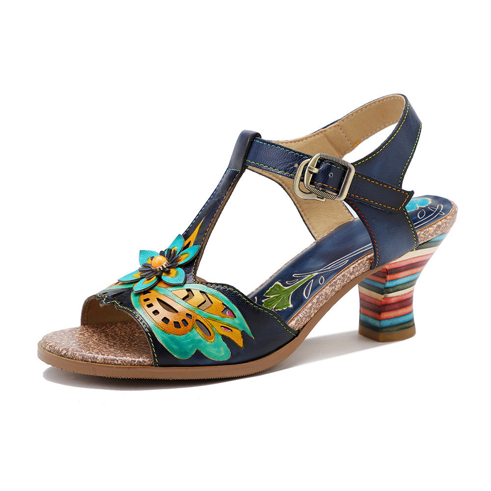 Retro Genuine Leather High Heel Sandals with Rainbow Wine Glass Heel