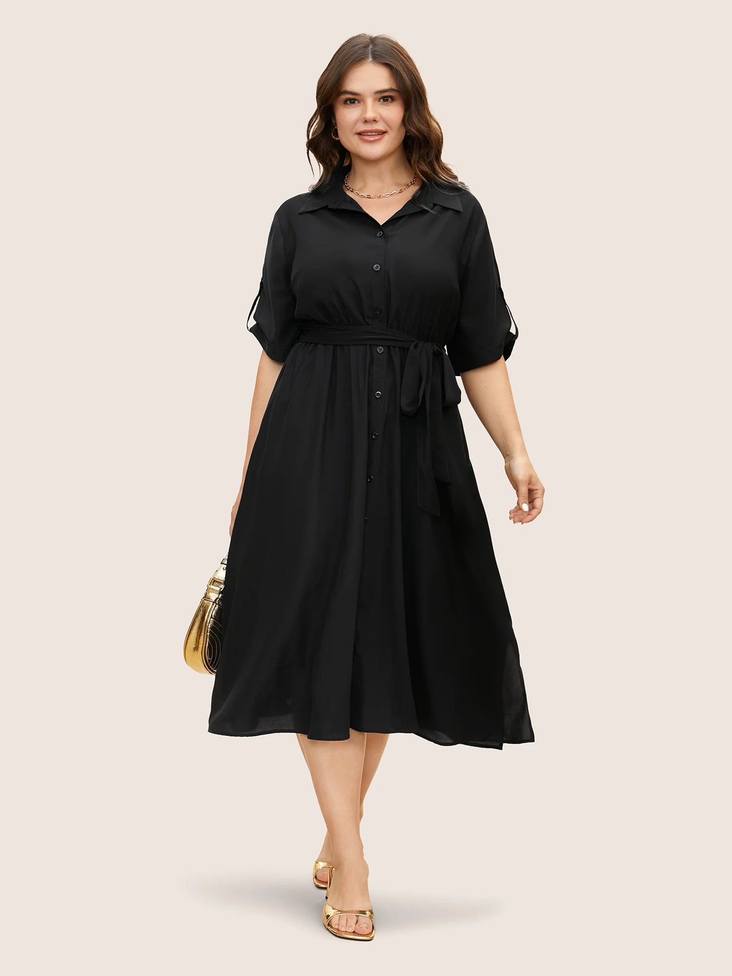 Shirt Collar Tab Sleeve Split Hem Dress