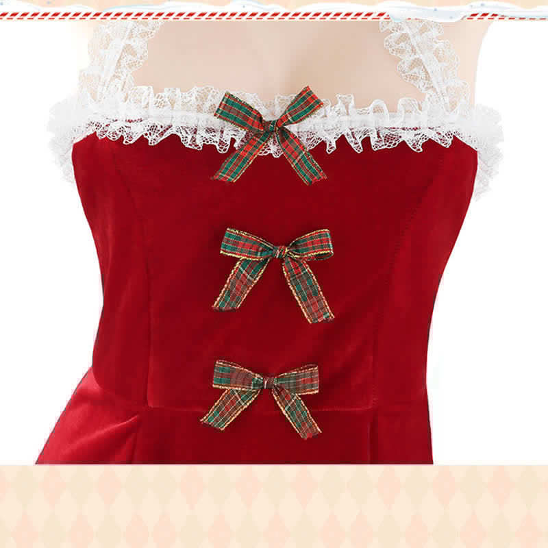 Christmas Halter Bow Knot Lace Lingerie Dress