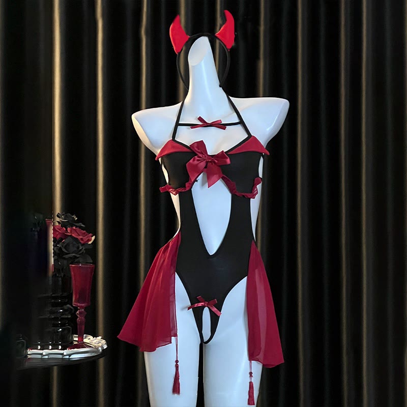 Devil Bow Hollow Out Jumpsuit Lingerie