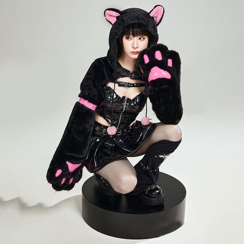 Cosplay Kitty Paw Hooded PU Lingerie Set