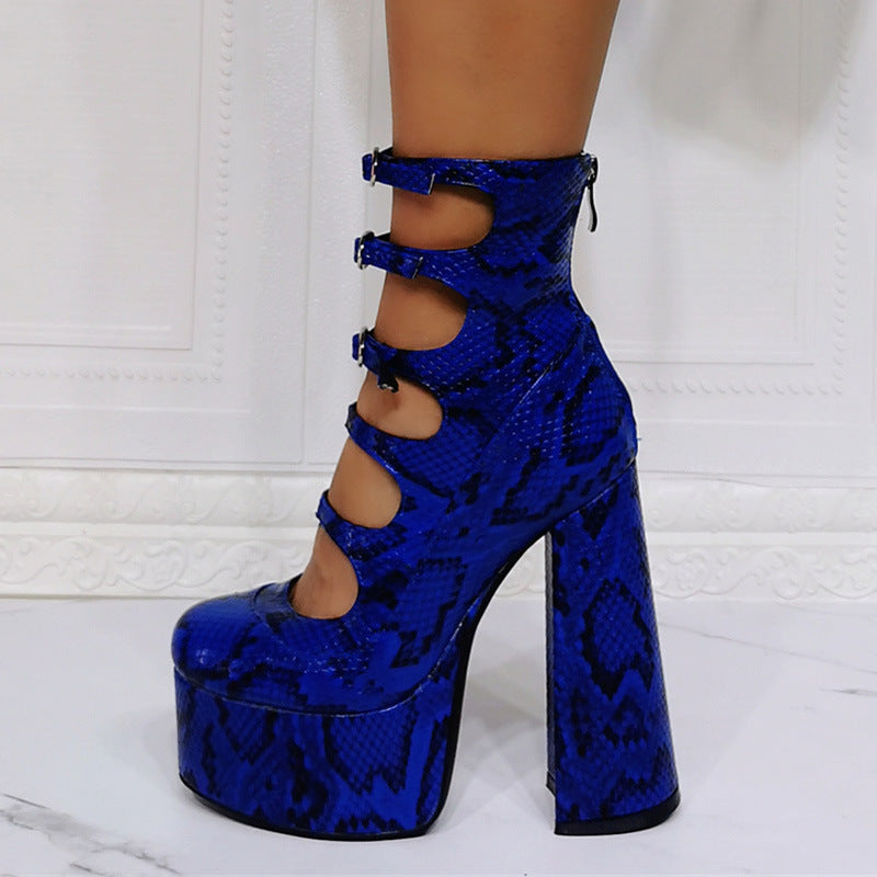 Waterproof Platform High Heels with Thick Serpentine Belt for Women