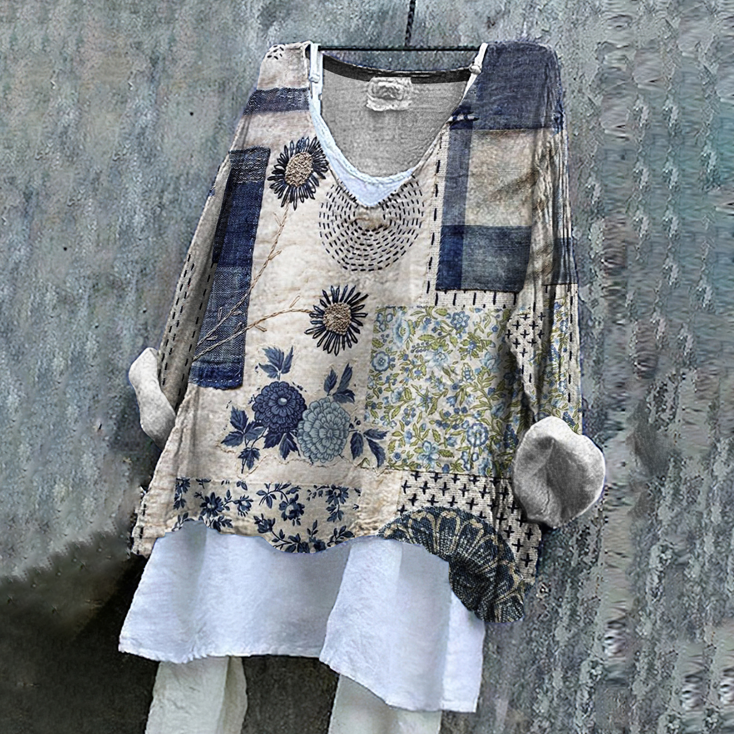 Floral Embroidered Japanese Sashiko Art Linen Blend Tunic