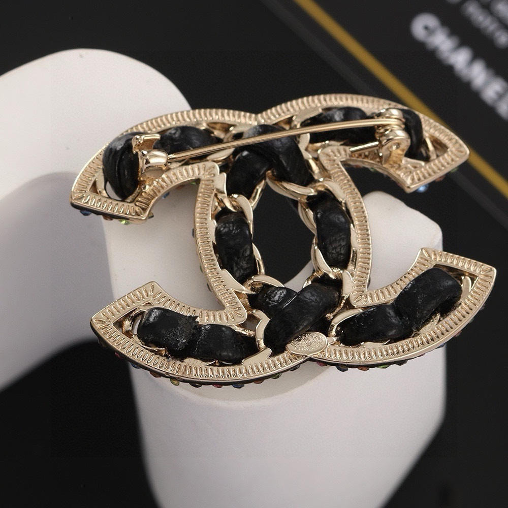 Chanel Black Leather Diamond Brooch