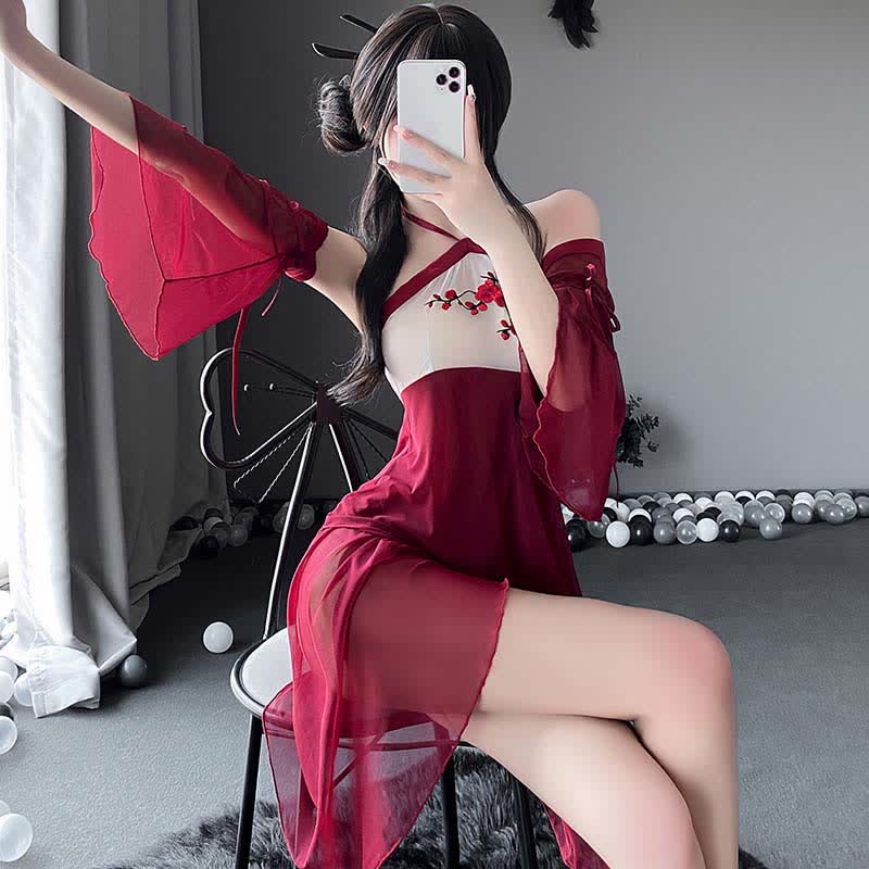 Blossom Embroidery See Through Halter Cheongsam Dress Lingerie