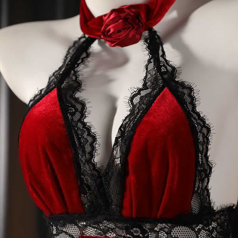 Rose Halter Sexy Lace Split Cheongsam Lingerie Dress