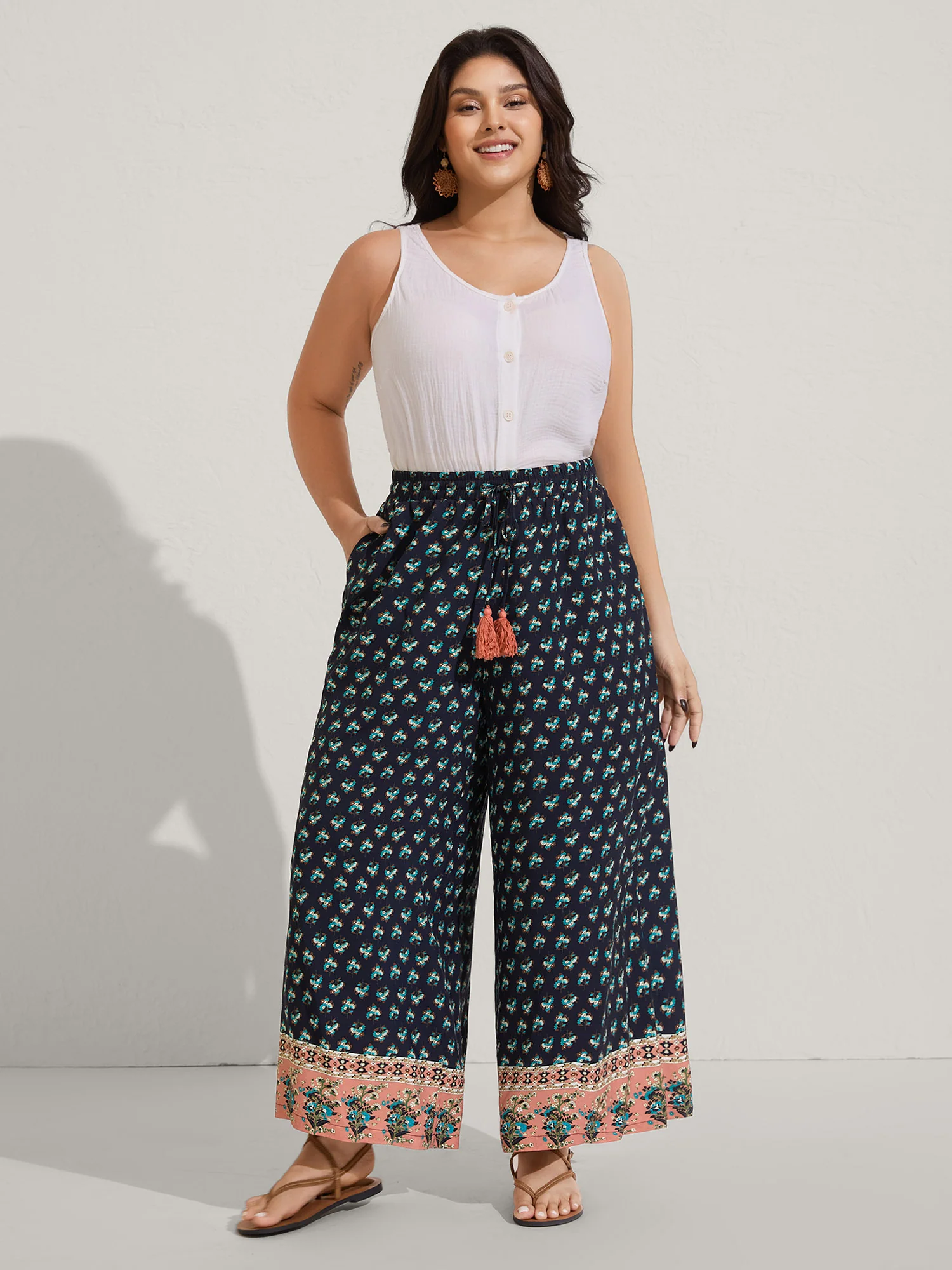 Boho Stretchy Waist Wide-Leg Pants