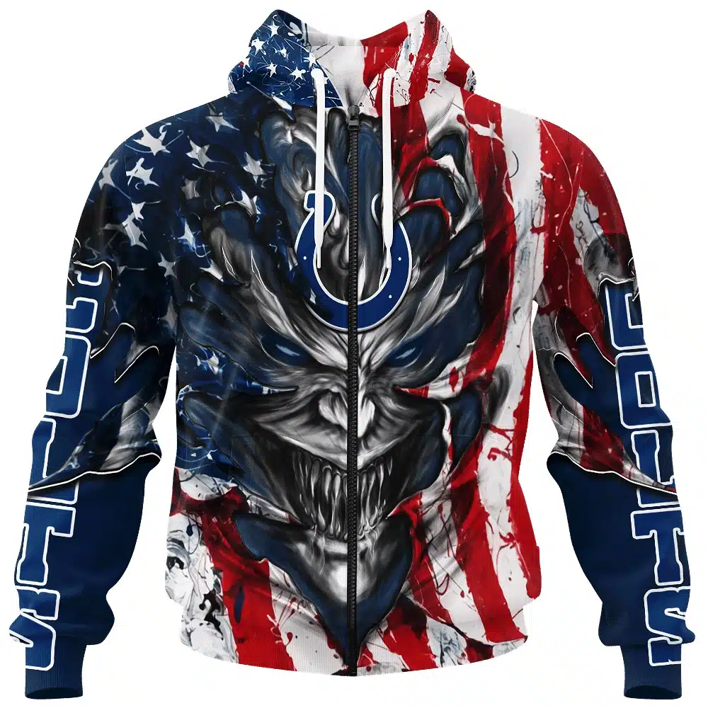INDIANAPOLIS COLTS DEMON FACE AMERICAN FLAG-3D UNISEX HOODIE