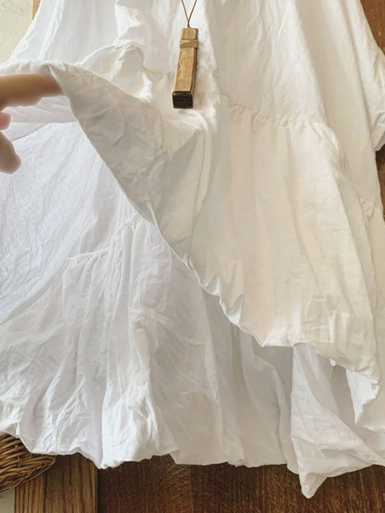 Loose Round Neck Short Sleeve Gathered Paneled Cotton And Linen Shirt
