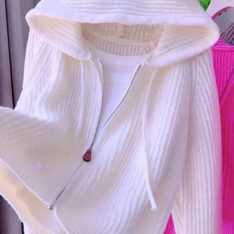 Women's Short Hooded Knit Cardigan for Fall and Winter