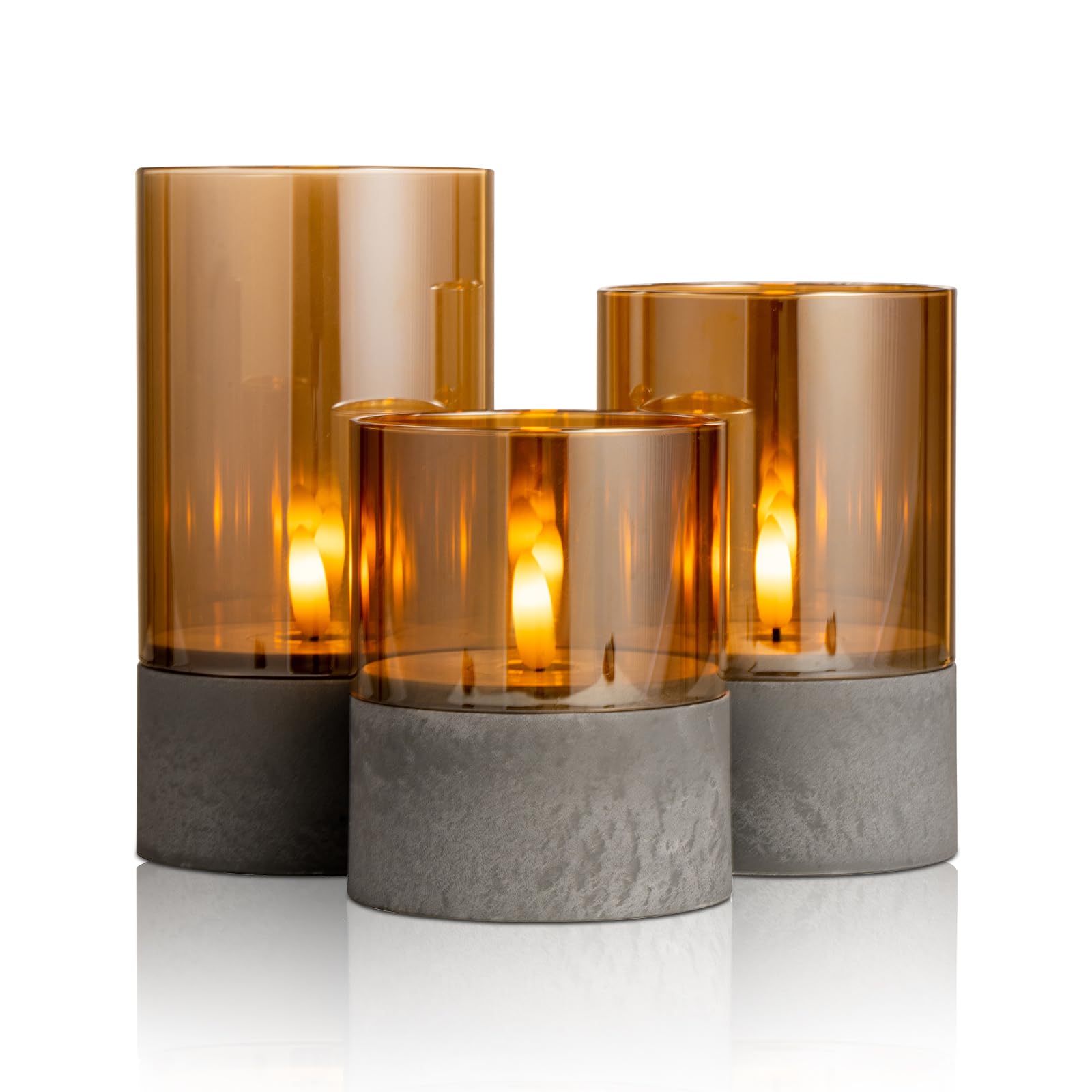 Set of 3 Gold Glass LED Candles with Imitation Cement Base - Battery Operated Candle Set with Cover