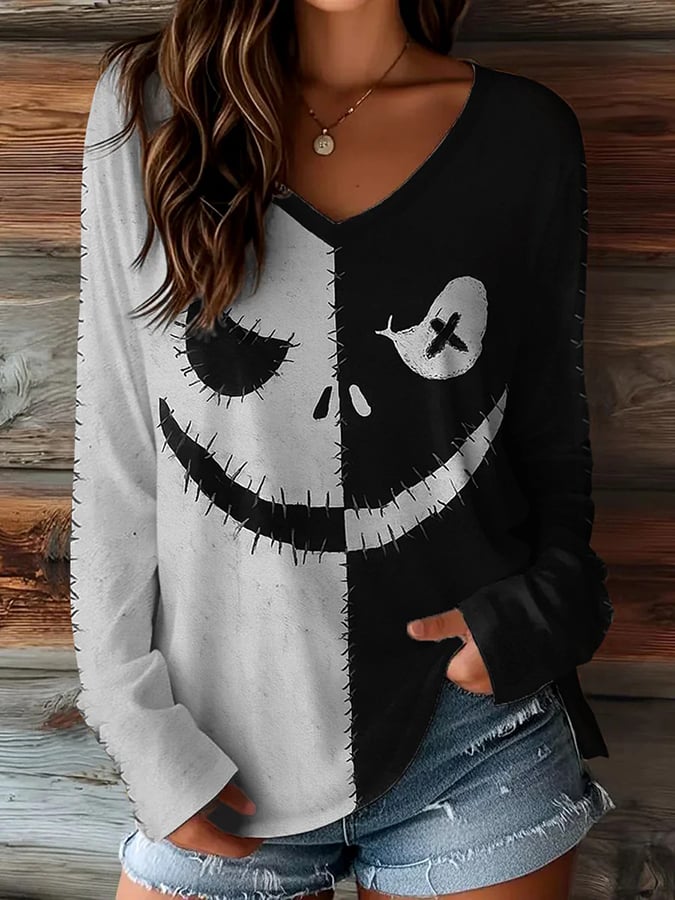 🔥Buy 3 Get 10% Off🔥Women's Halloween Spooky Face Print Casual Long Sleeve T-Shirt