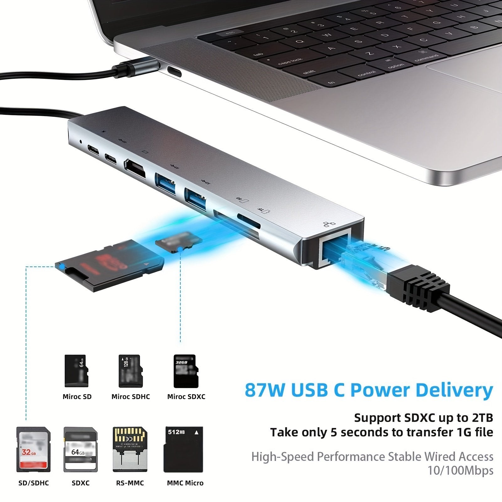 8 In 1 USB C HUB, USB C Adapter With 4K HDTV, 100W PD, USB C Port, USB 3.0,USB 2.0,RJ45 Ethernet, SD/TF Card Reader, Docking Station Compatible For MacBook Pro/Air USB C Laptops And Other Type C Devices