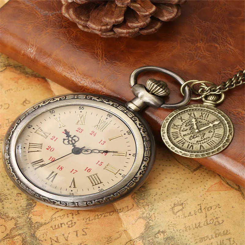 spthOld Fashion Clock Open Face Design Retro Quartz Pocket Watch for Men Women Fob Compass with Necklace Chain Reloj De Bolsillo