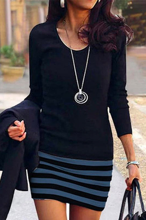Heididress Crewneck Long Sleeve Stripes Splice Dress