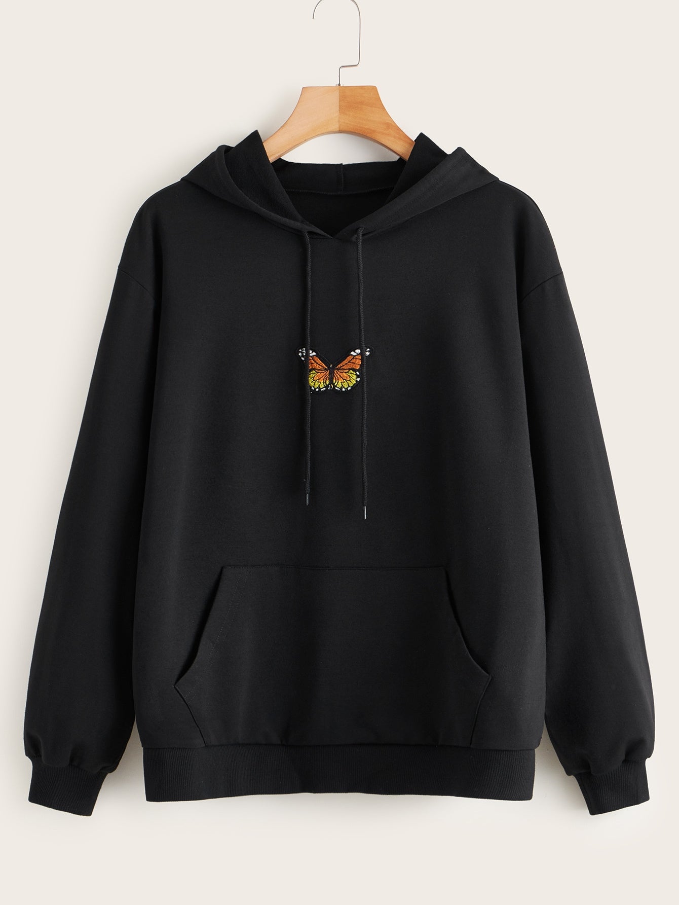 Butterfly Embroidered Kangaroo Pocket Drawstring Hoodie