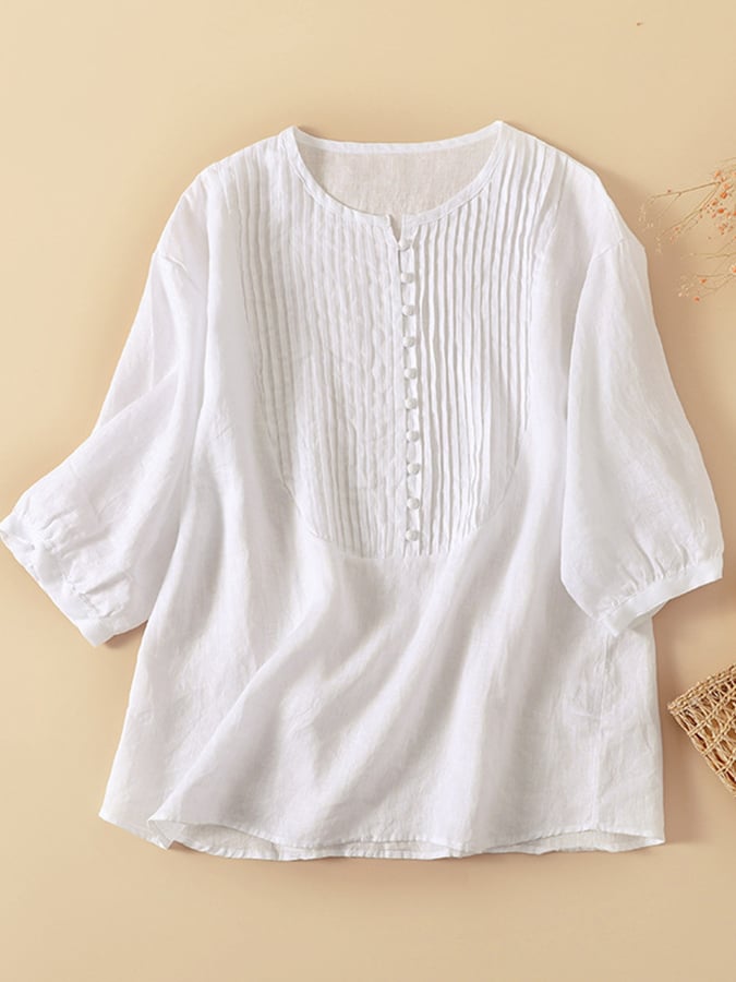 Women's Pleated Round Neck Casual Cotton And Linen Shirt