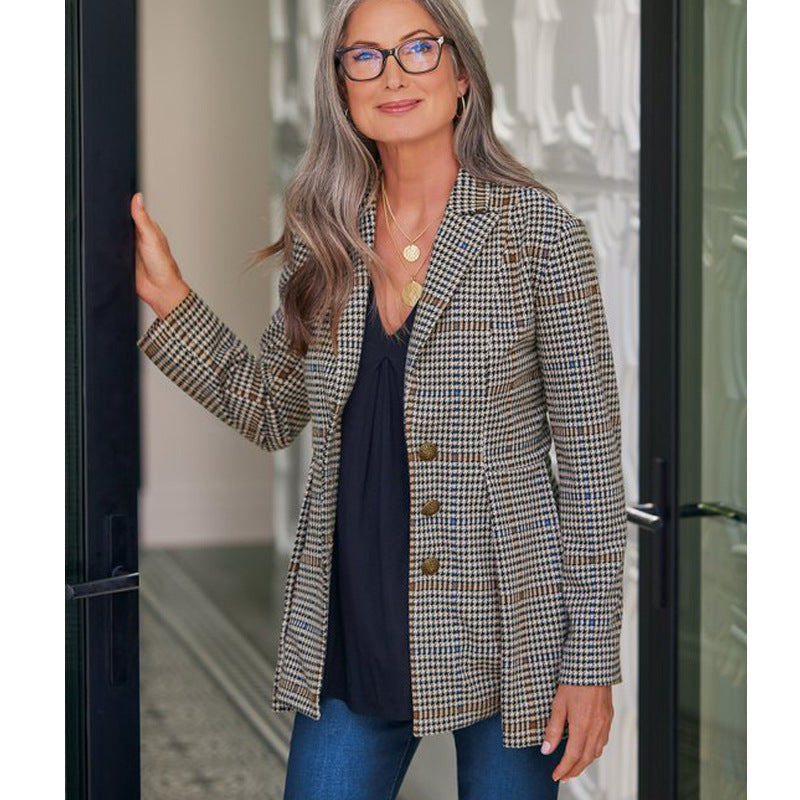 Women's Elegant Long Sleeve Printed Checkered Top