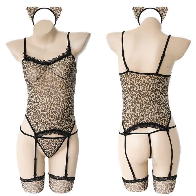 Leopard Print Backless Lace Lingerie Set