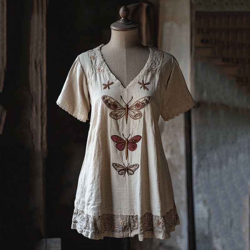 Vintage Floral Dragonfly Embroidery Linen Art Lace Trim Women's Linen Shirt