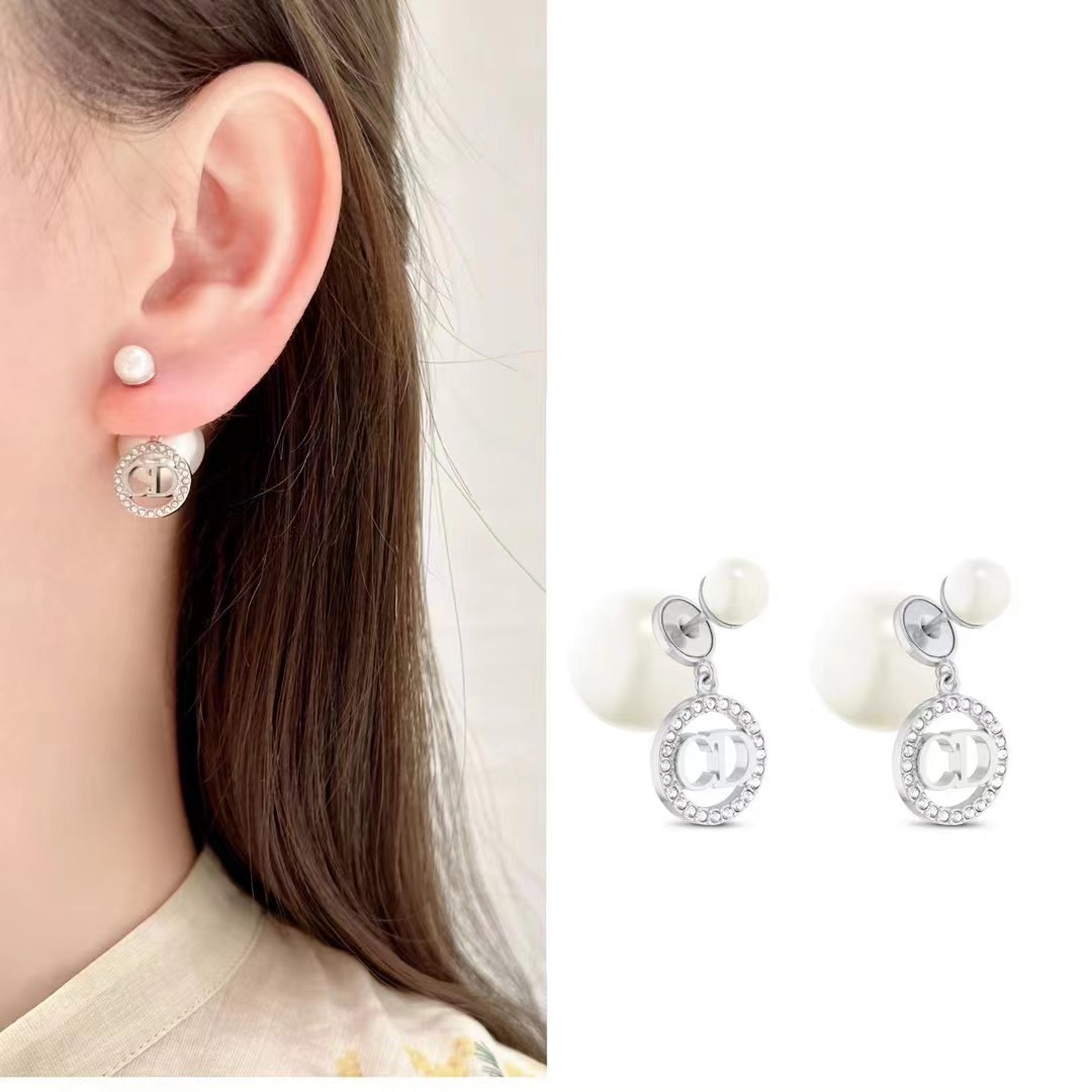 Dior Round Crystal CD Double Ball Pearl Earrings