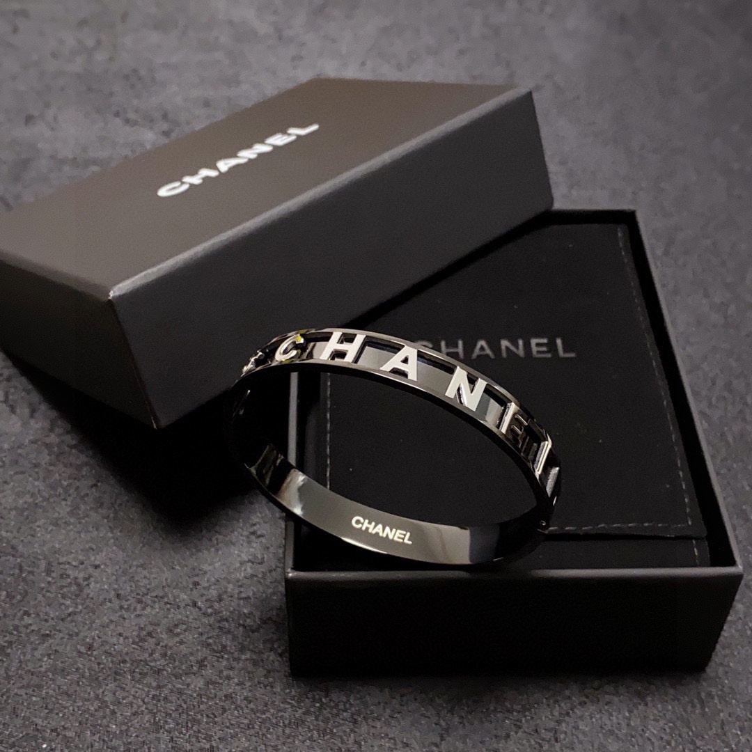 Chanel engraved letter charcoal black bracelet