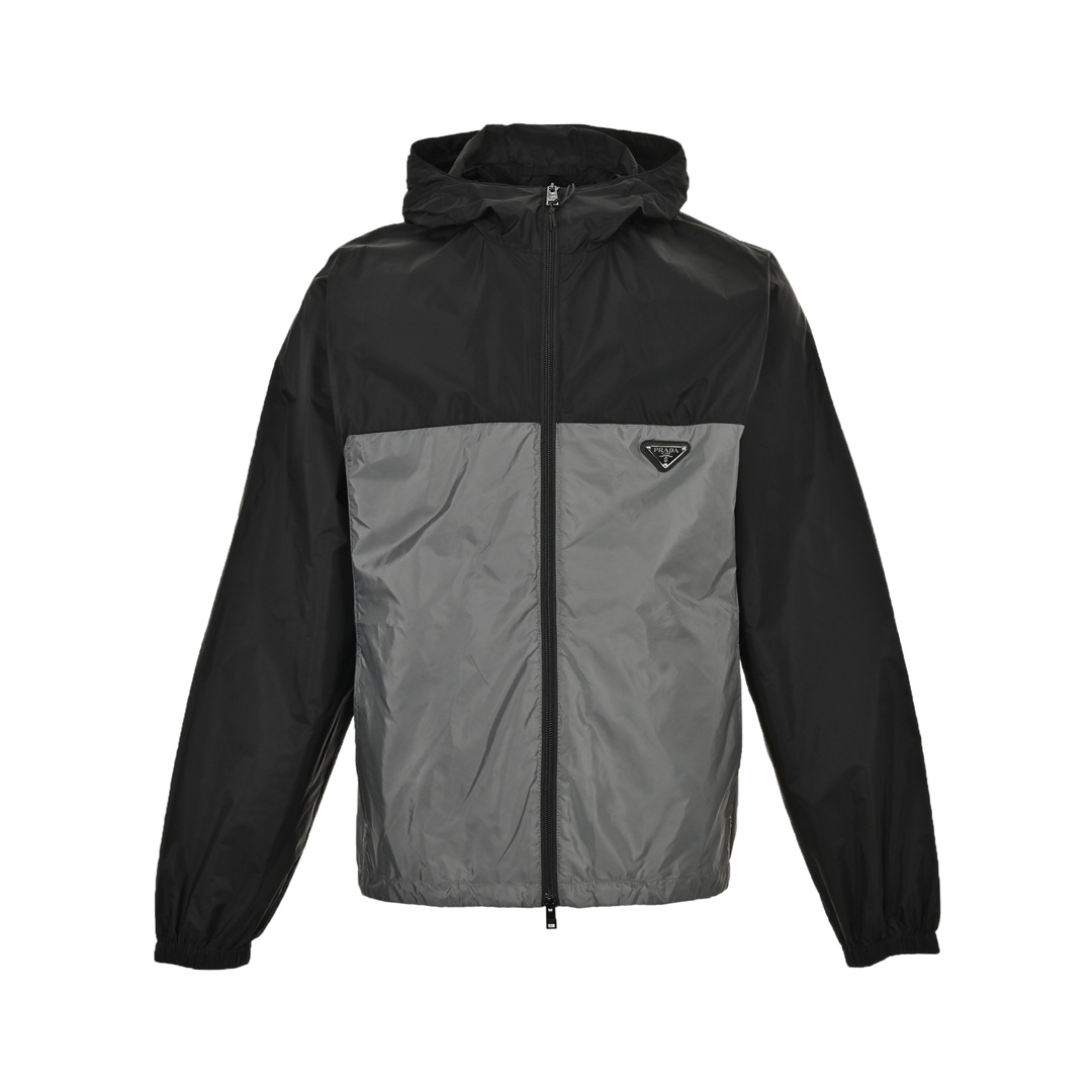 Prada 24Fw black and grey patchwork hooded jacket
