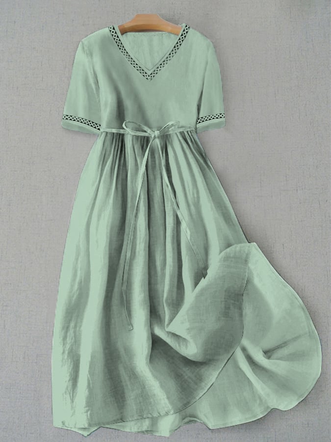 Women's Lace Stitching V-Neck Simple Loose Casual Dress