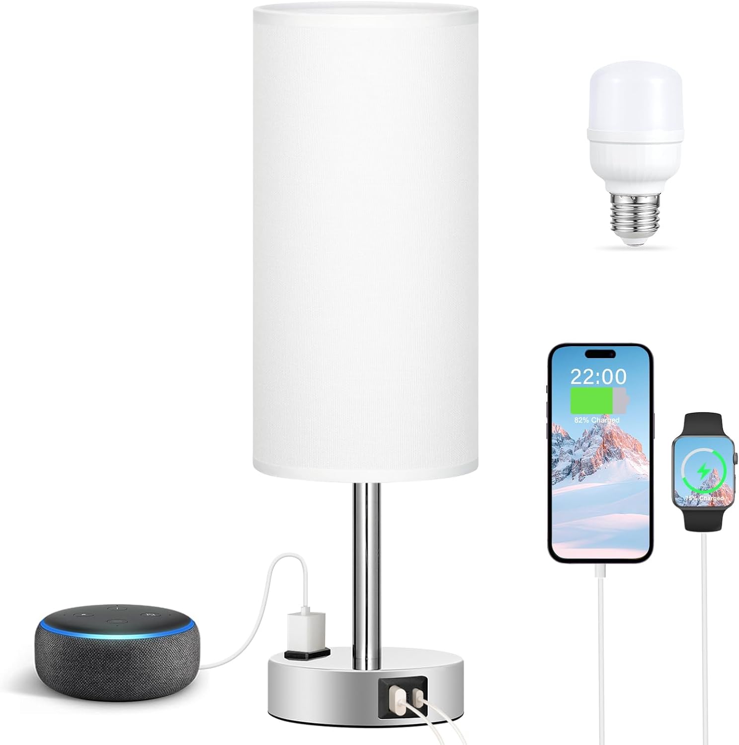 Bedside Table Lamp for Bedroom - 3 Way Dimmable Touch Lamp USB C Charging Ports and AC Outlet, Small Lamp Wood Base Round Flaxen Fabric Shade for Living Room, Desk, LED Bulb Included