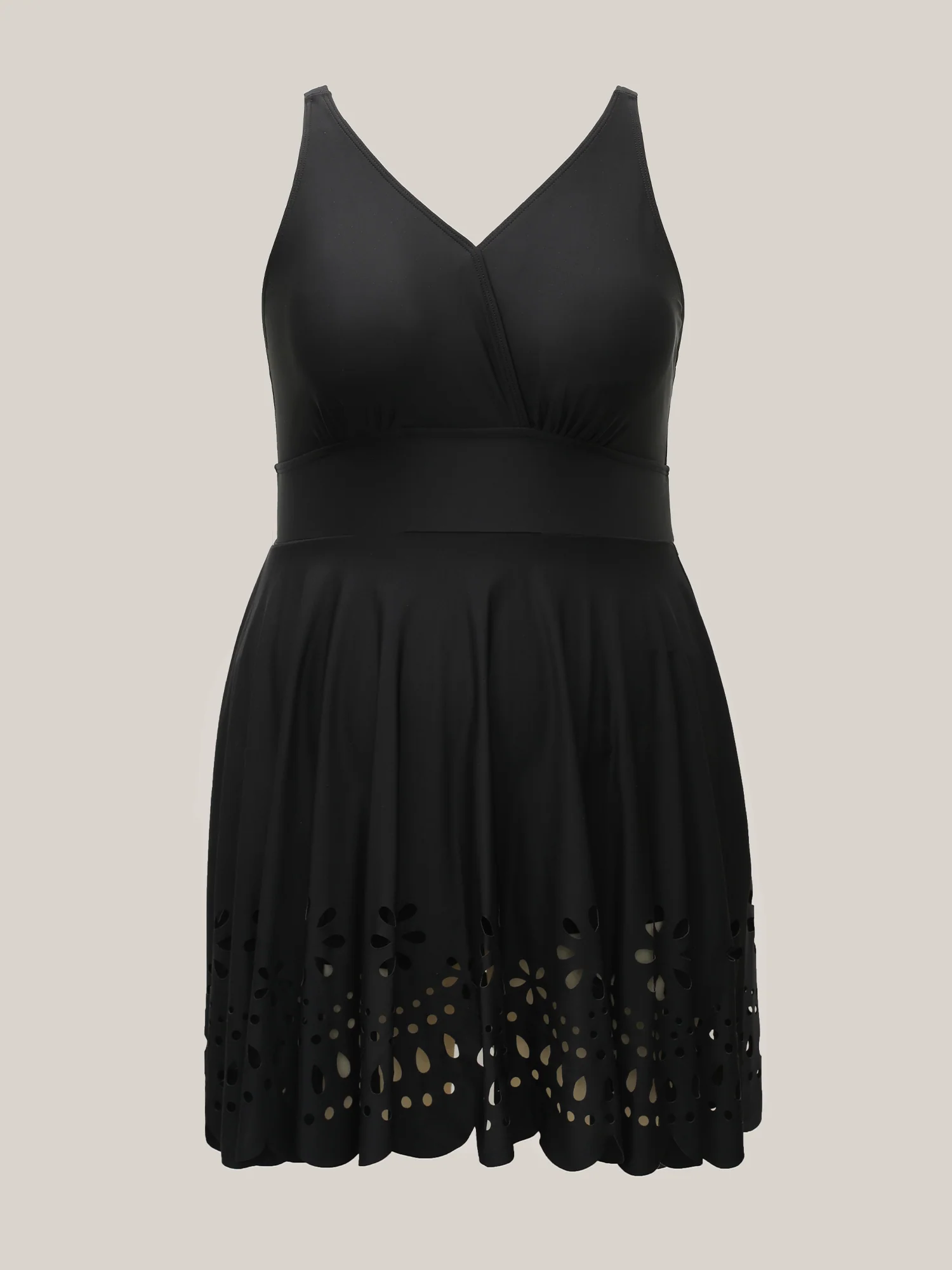 Laser Cut Surplice Neck Waist-Cinched Swim Dress