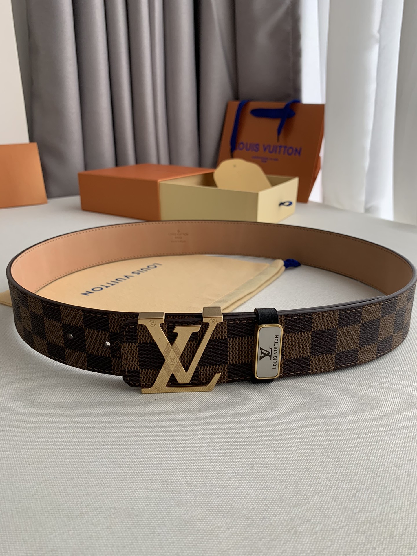 Louis Vuitton Plaid Oldskin Calfskin Men's Belt 3.8CM Width