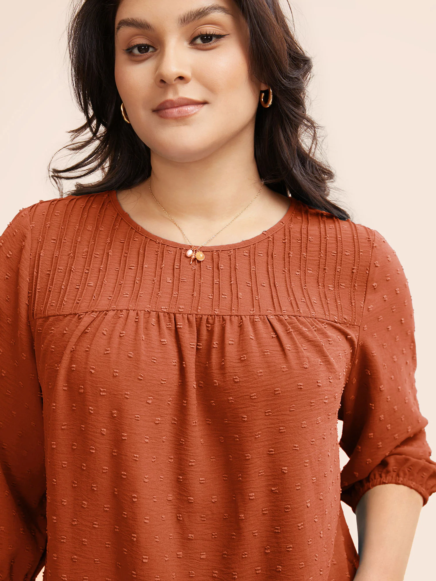 Texture Round Neck Pleated Lantern Sleeve Blouse