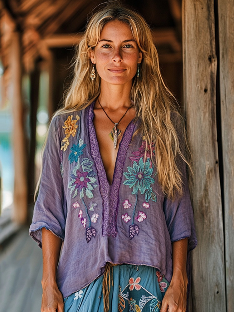 Retro Boho Floral Tribal Embroidery Print Cotton And Linen Blend Loose Blouse