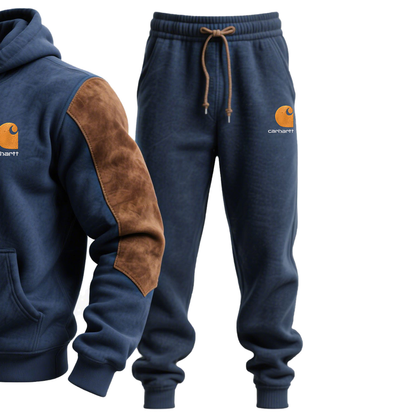 Carhartt Navy Blue Hoodie and Sweatpants Set with Brown Accents