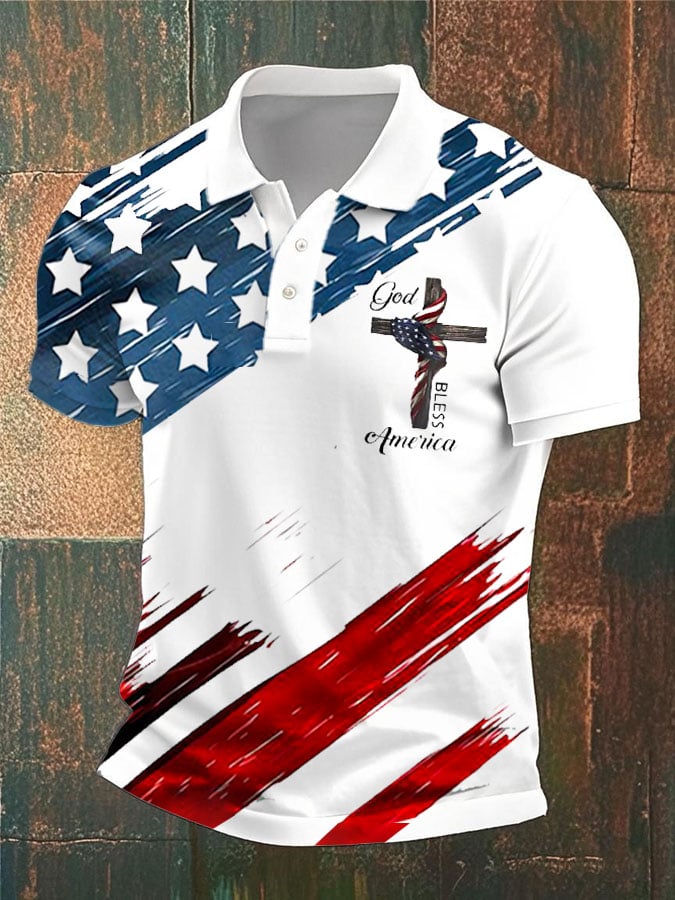 Men's Vintage Flag God Bless America Print Polo Shirt