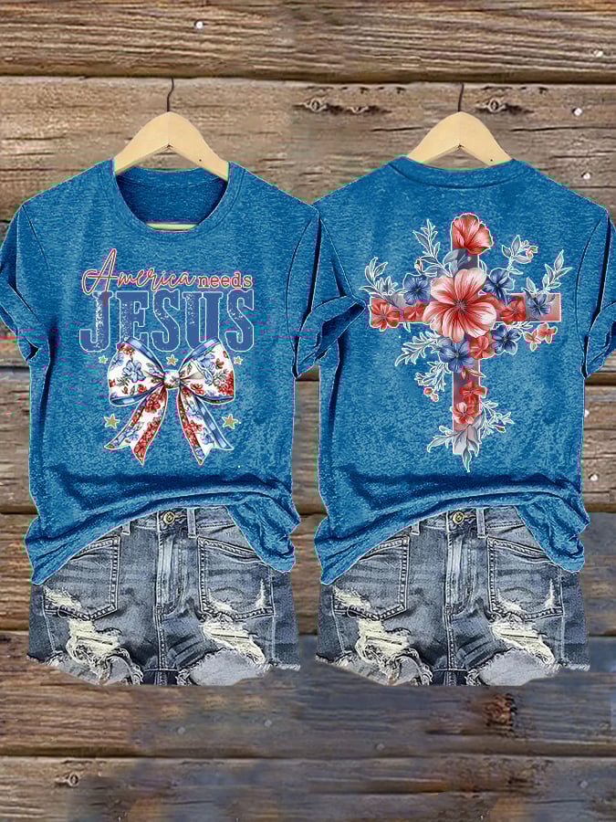 Women's Independence Day Faith Family Freedom Print Short Sleeve T-Shirt
