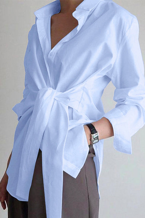 Heididress Lapel Long Sleeve Button Down Knot Front Shirt