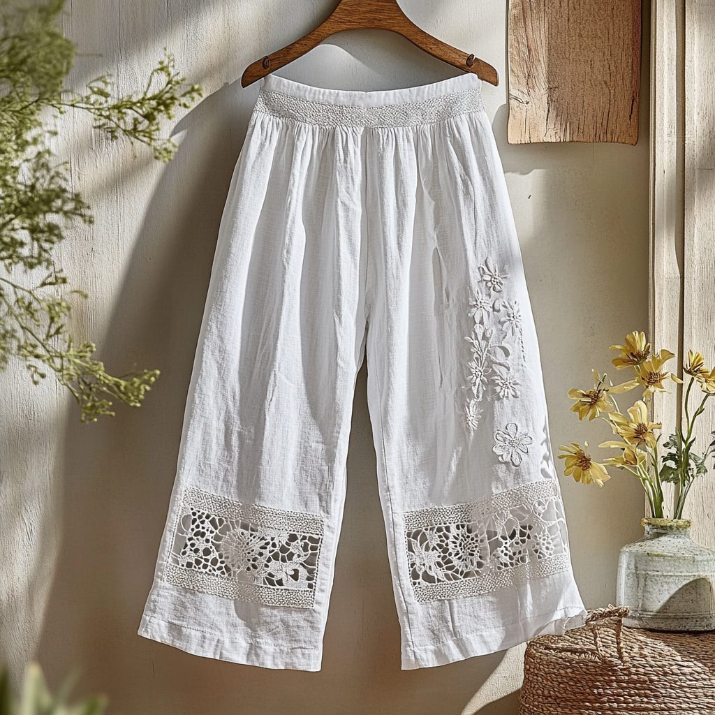 Simple Floral Hollow Lace Embroidery Linen Casual Pants