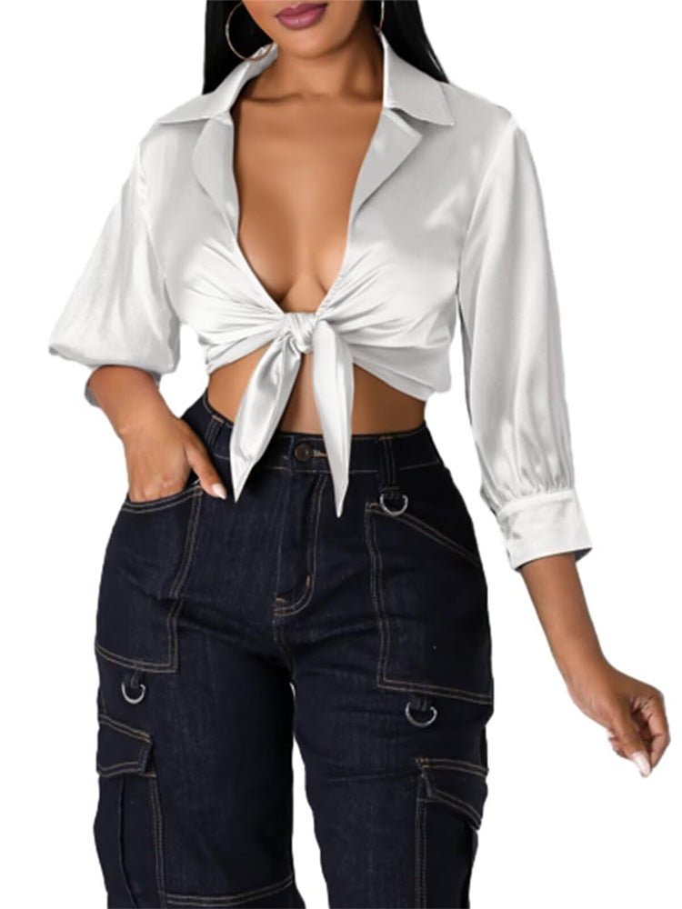 Satin Lapel Tie Front Top