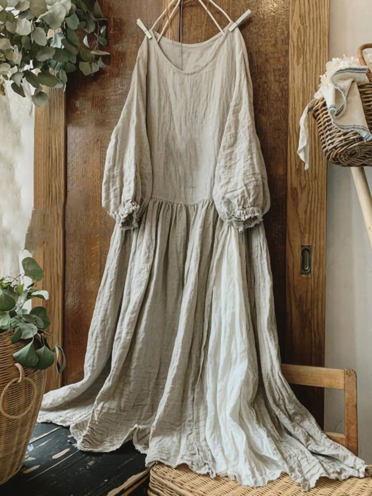 Vintage V Neck Balloon Sleeve Cotton Linen Midi Dresses