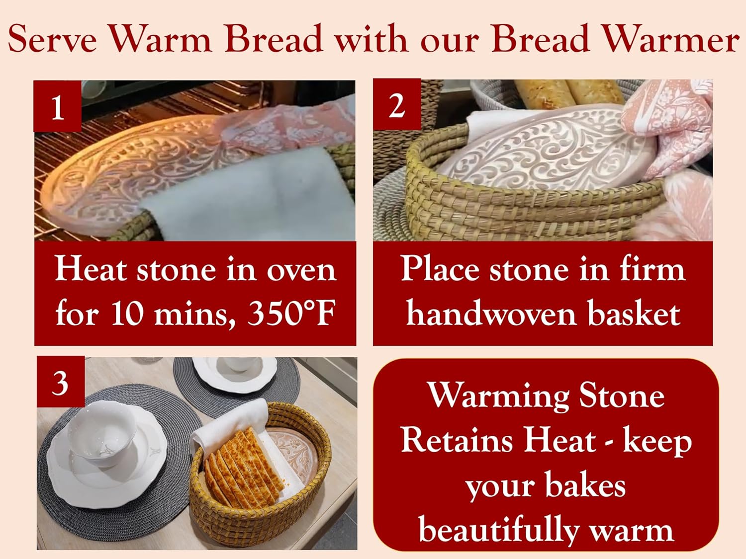 World Class - Artisan Handmade Bread Warmer Basket with Terracotta Stone-Gift for Bakers Sourdough, Hostess Gifts New Home, Mom Dad Birthday