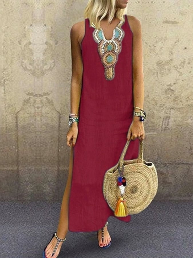 Ladies Cotton Linen V-Neck Sleeveless Dress