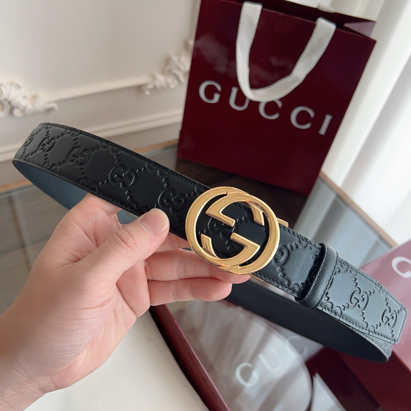 Gucci automatic smooth buckle double-sided cowhide belt width 3.5cm
