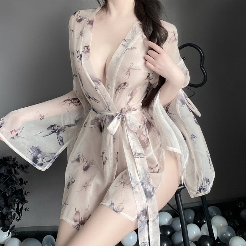 Sexy Butterfly Print See-through Kimono Lingerie Set