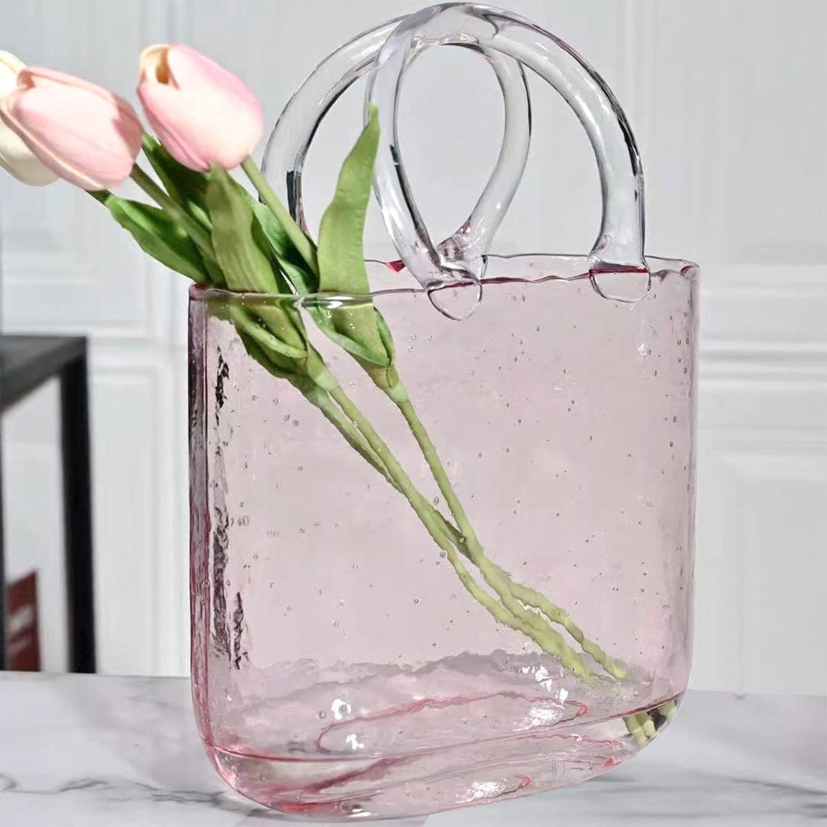 Glass Purse Vases for Flowers,Hand Blown Pink Vase with Bubbles in It